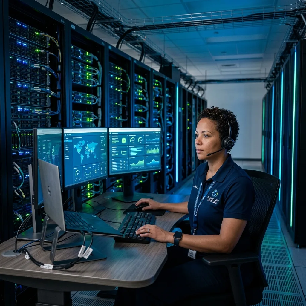 IT technician monitoring systems in a modern server room